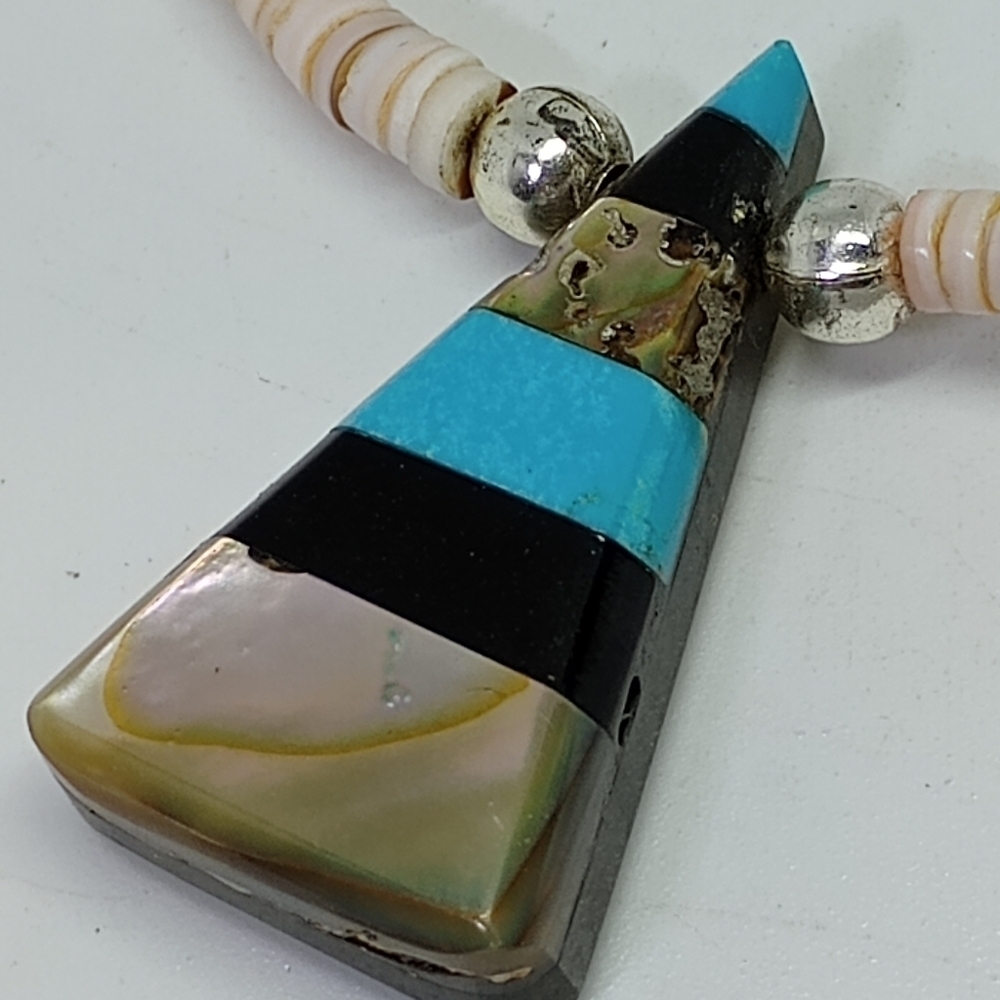 * vintage Navajo heishi oyster shell & stone inlay necklace 21" - Picture 4 of 6